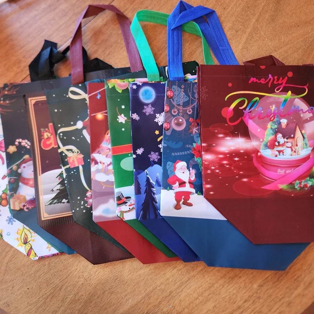 10 Festive Christmas Gift Bags Set. Size Last Photo. Great Reuseable Pastic Bags